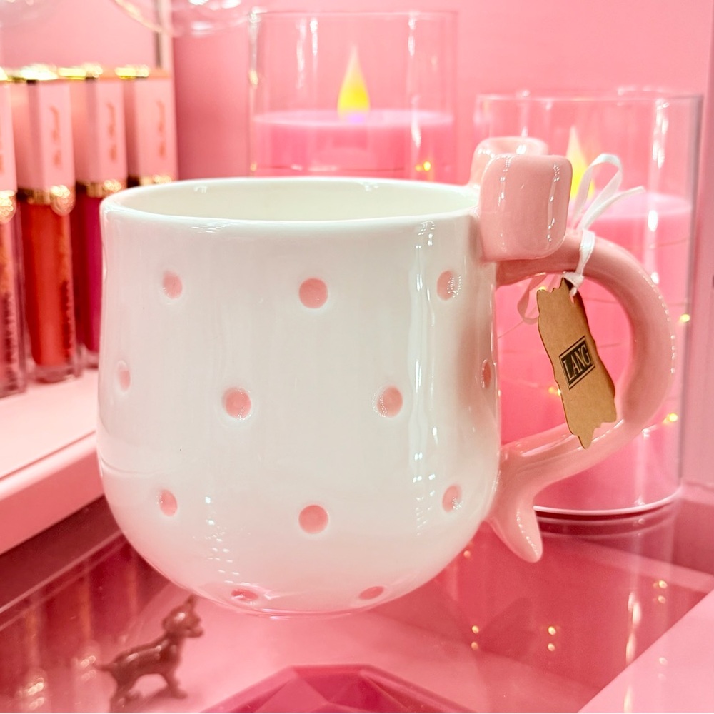 Pink Polka Dot Bow Handle Coquette Girly Ceramic Hand Painted Coffee Cup Mug